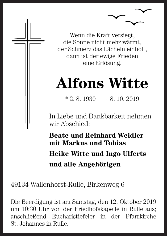 Traueranzeigen Von Alfons Witte Noz Trauerportal