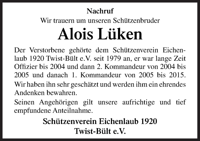  Traueranzeige für Alois Lüken vom 14.10.2019 aus Neue Osnabrücker Zeitung GmbH & Co. KG