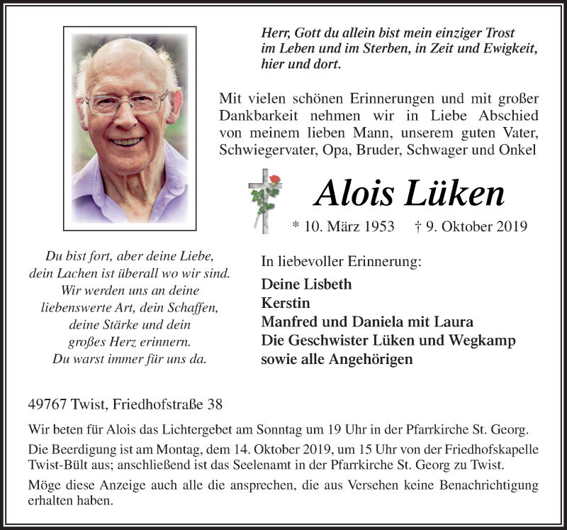  Traueranzeige für Alois Lüken vom 11.10.2019 aus Neue Osnabrücker Zeitung GmbH & Co. KG