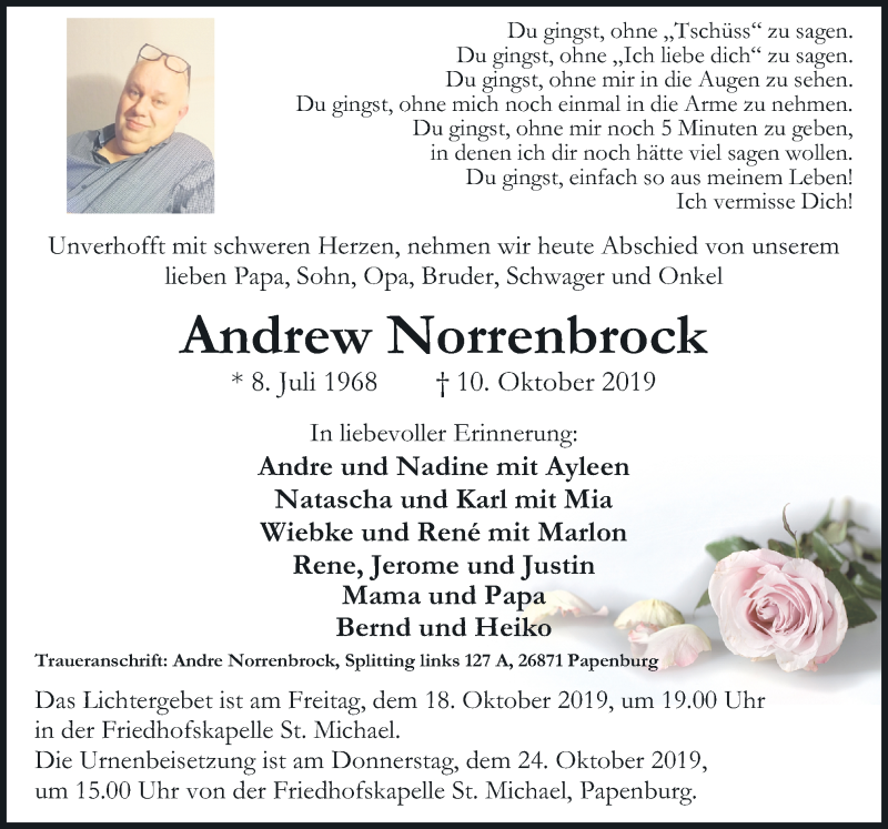  Traueranzeige für Andrew Norrenbrock vom 16.10.2019 aus Neue Osnabrücker Zeitung GmbH & Co. KG