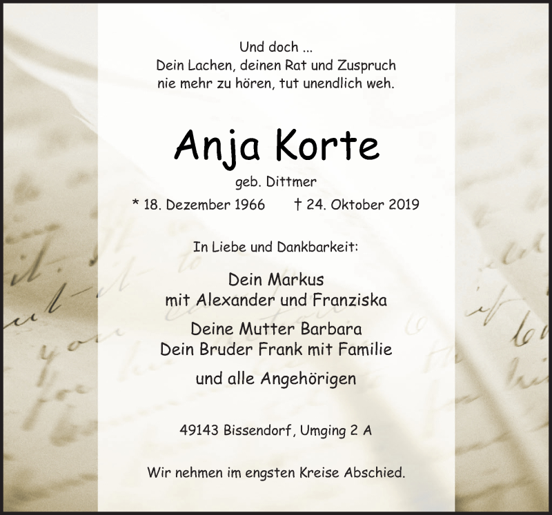  Traueranzeige für Anja Korte vom 29.10.2019 aus Neue Osnabrücker Zeitung GmbH & Co. KG