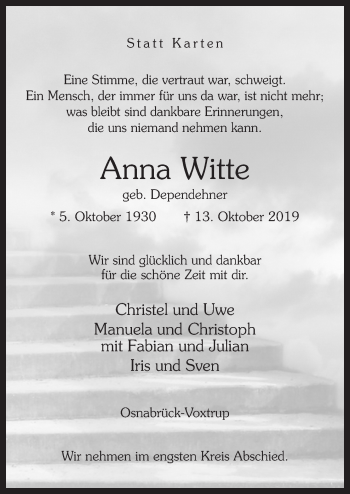 Traueranzeige von Anna Witte von Neue Osnabrücker Zeitung GmbH & Co. KG