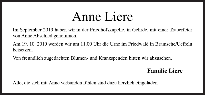  Traueranzeige für Anne Liere vom 12.10.2019 aus Neue Osnabrücker Zeitung GmbH & Co. KG