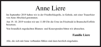 Traueranzeige von Anne Liere von Neue Osnabrücker Zeitung GmbH & Co. KG