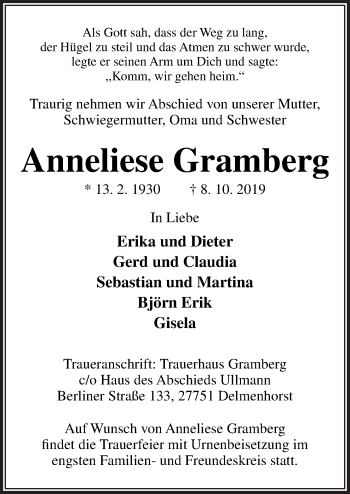 Traueranzeige von Anneliese Gramberg von Neue Osnabrücker Zeitung GmbH & Co. KG