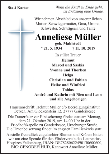 Traueranzeige von Anneliese Müller von Neue Osnabrücker Zeitung GmbH & Co. KG