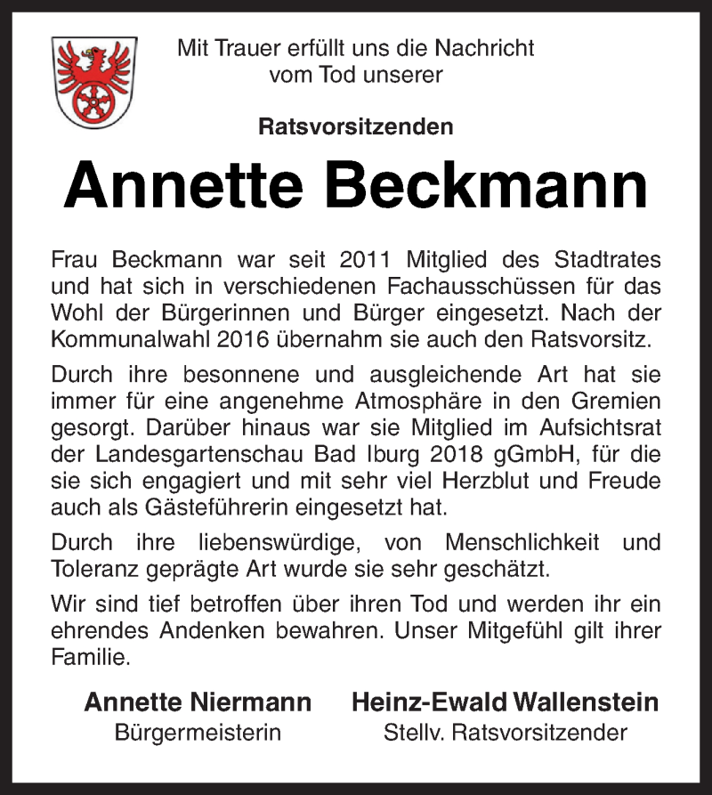  Traueranzeige für Annette Beckmann vom 24.10.2019 aus Neue Osnabrücker Zeitung GmbH & Co. KG