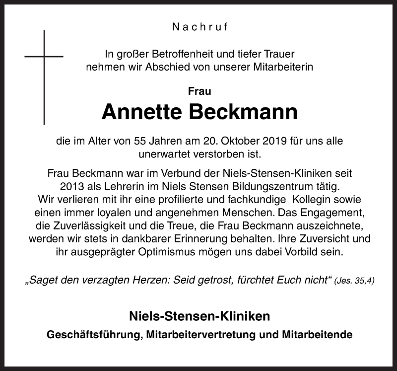  Traueranzeige für Annette Beckmann vom 26.10.2019 aus Neue Osnabrücker Zeitung GmbH & Co. KG