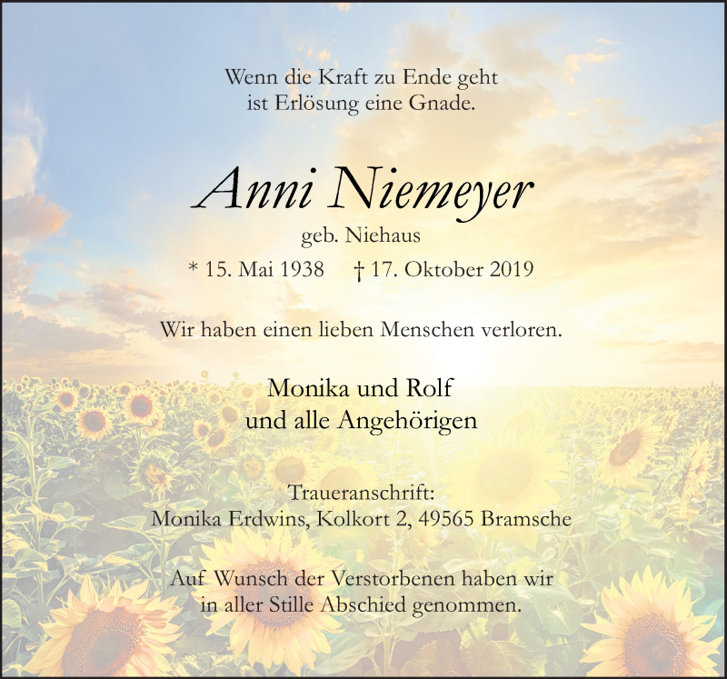  Traueranzeige für Anni Niemeyer vom 24.10.2019 aus Neue Osnabrücker Zeitung GmbH & Co. KG