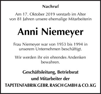 Traueranzeige von Anni Niemeyer von Neue Osnabrücker Zeitung GmbH & Co. KG