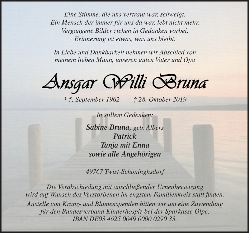  Traueranzeige für Ansgar Willi Bruna vom 30.10.2019 aus Neue Osnabrücker Zeitung GmbH & Co. KG