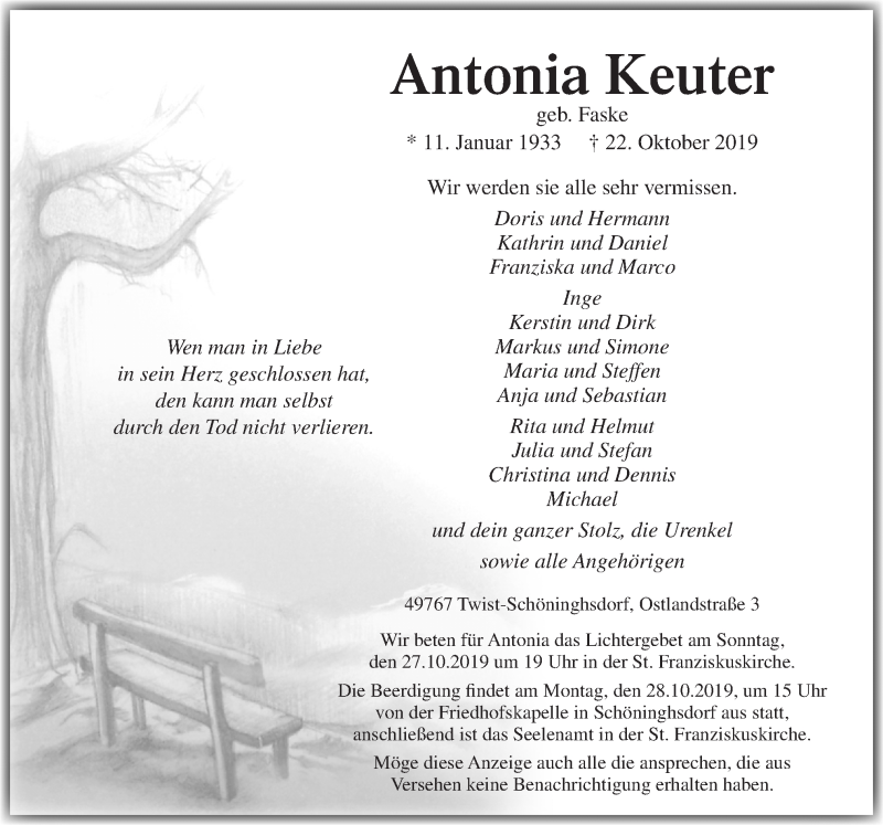  Traueranzeige für Antonia Keuter vom 25.10.2019 aus Neue Osnabrücker Zeitung GmbH & Co. KG