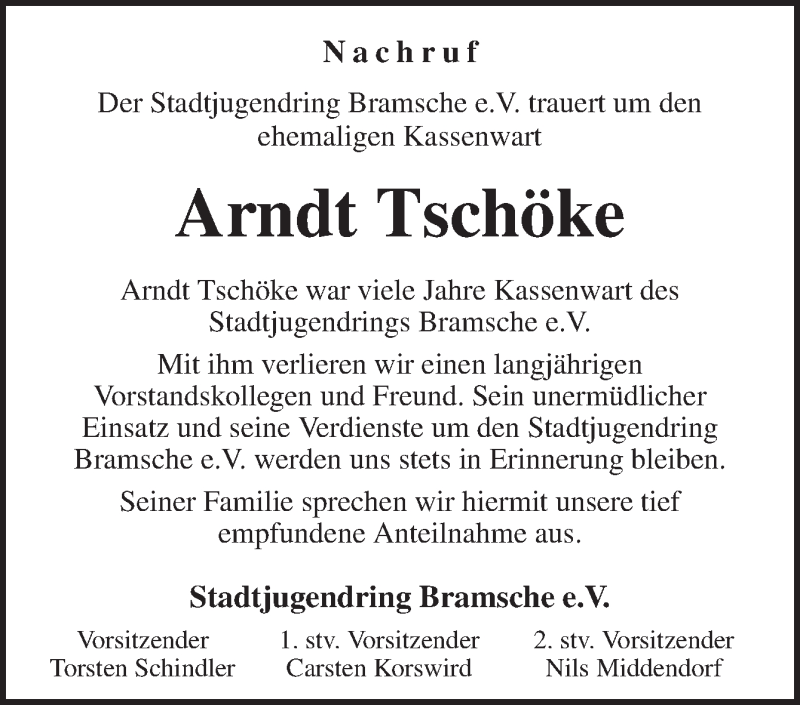 Traueranzeige für Arndt Tschöke vom 21.10.2019 aus Neue Osnabrücker Zeitung GmbH & Co. KG