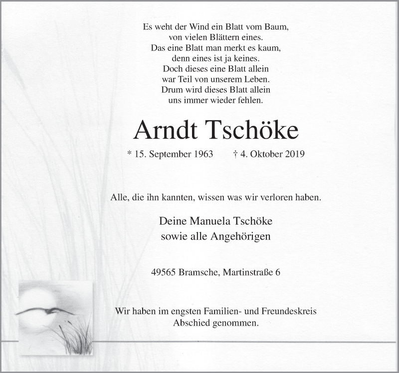  Traueranzeige für Arndt Tschöke vom 16.10.2019 aus Neue Osnabrücker Zeitung GmbH & Co. KG