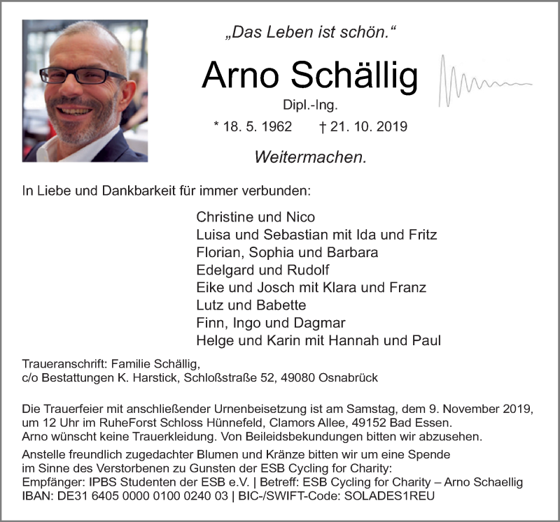  Traueranzeige für Arno Schällig vom 30.10.2019 aus Neue Osnabrücker Zeitung GmbH & Co. KG