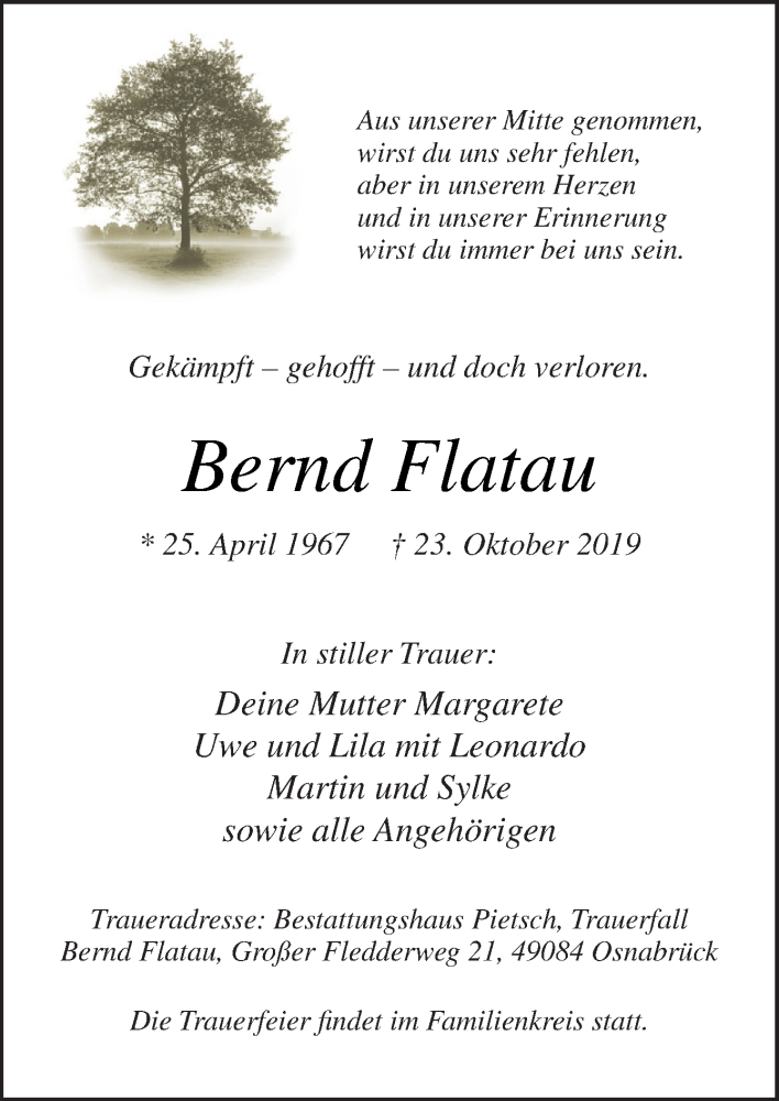  Traueranzeige für Bernd Flatau vom 26.10.2019 aus Neue Osnabrücker Zeitung GmbH & Co. KG