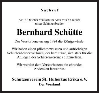 Traueranzeige von Bernhard Schütte von Neue Osnabrücker Zeitung GmbH & Co. KG