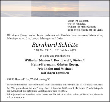 Traueranzeige von Bernhard Schütte von Neue Osnabrücker Zeitung GmbH & Co. KG