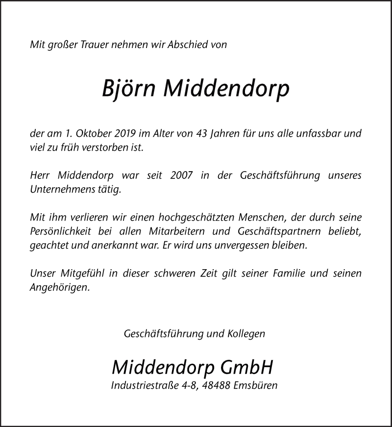  Traueranzeige für Björn Middendorp vom 04.10.2019 aus Neue Osnabrücker Zeitung GmbH & Co. KG