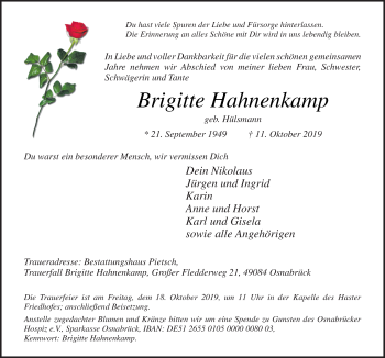 Traueranzeige von Brigitte Hahnenkamp von Neue Osnabrücker Zeitung GmbH & Co. KG