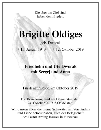 Traueranzeige von Brigitte Oldiges von Neue Osnabrücker Zeitung GmbH & Co. KG