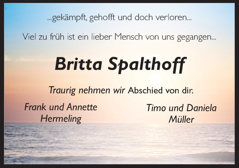  Traueranzeige für Britta Spalthoff vom 05.10.2019 aus Neue Osnabrücker Zeitung GmbH & Co. KG