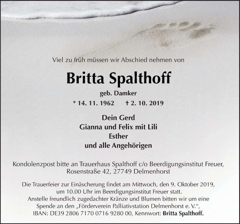  Traueranzeige für Britta Spalthoff vom 05.10.2019 aus Neue Osnabrücker Zeitung GmbH & Co. KG