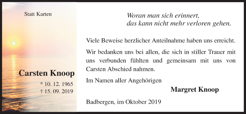  Traueranzeige für Carsten Knoop vom 26.10.2019 aus Neue Osnabrücker Zeitung GmbH & Co. KG