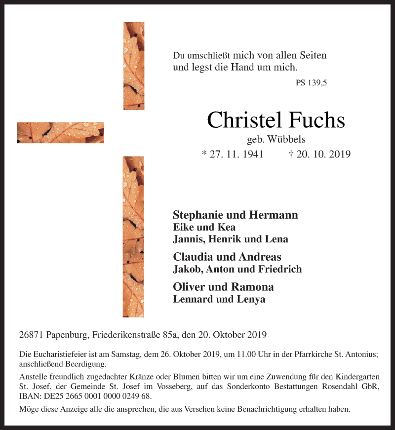  Traueranzeige für Christel Fuchs vom 24.10.2019 aus Neue Osnabrücker Zeitung GmbH & Co. KG