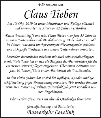 Traueranzeige von Claus Tieben von Neue Osnabrücker Zeitung GmbH & Co. KG