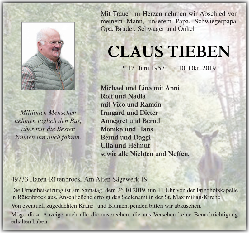  Traueranzeige für Claus Tieben vom 14.10.2019 aus Neue Osnabrücker Zeitung GmbH & Co. KG