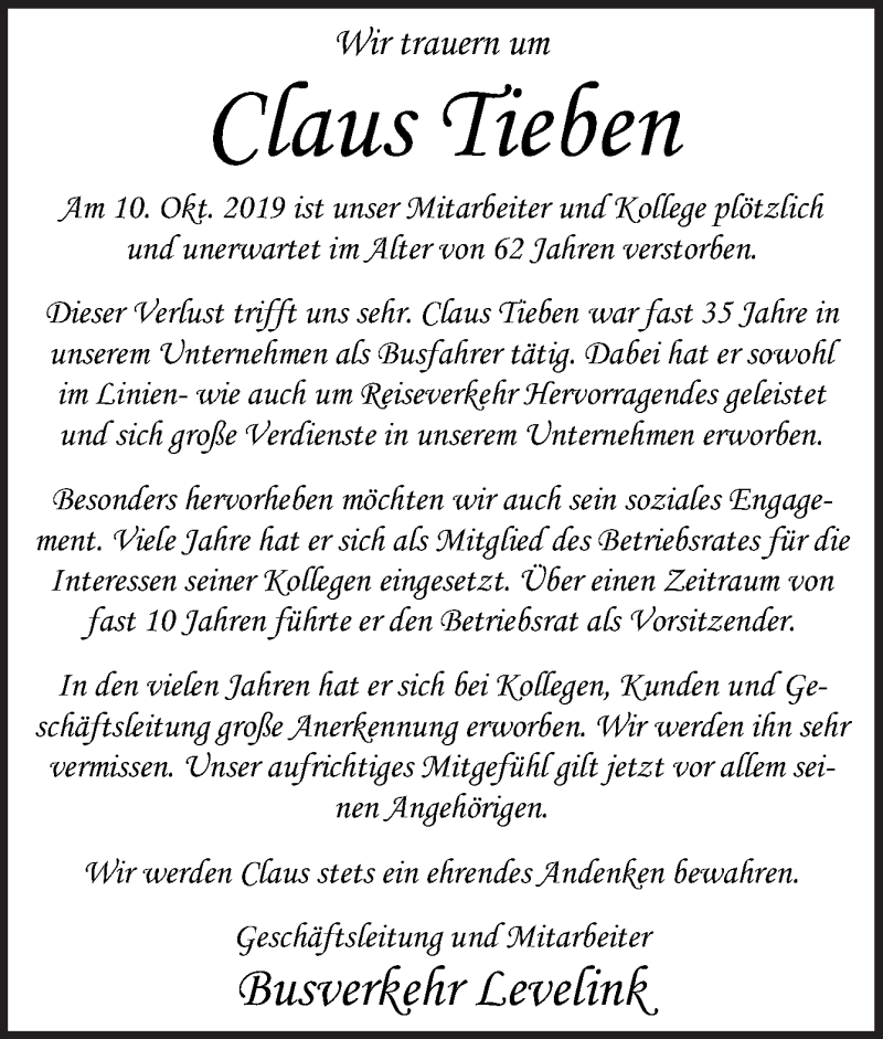  Traueranzeige für Claus Tieben vom 15.10.2019 aus Neue Osnabrücker Zeitung GmbH & Co. KG