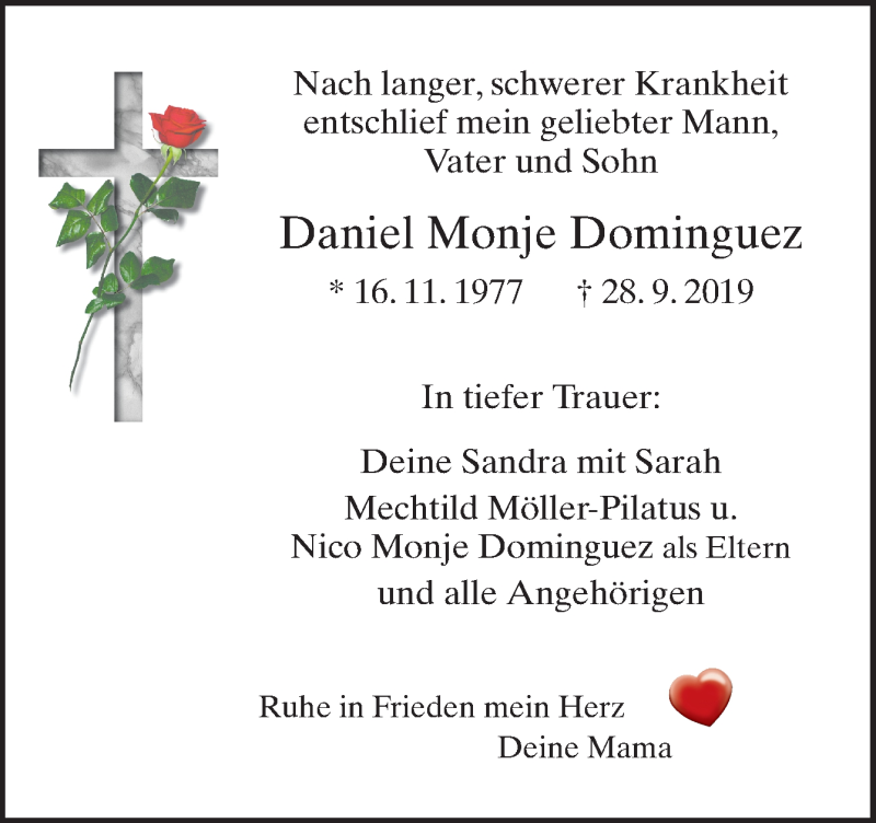  Traueranzeige für Daniel Monje Dominguez vom 04.10.2019 aus Neue Osnabrücker Zeitung GmbH & Co. KG
