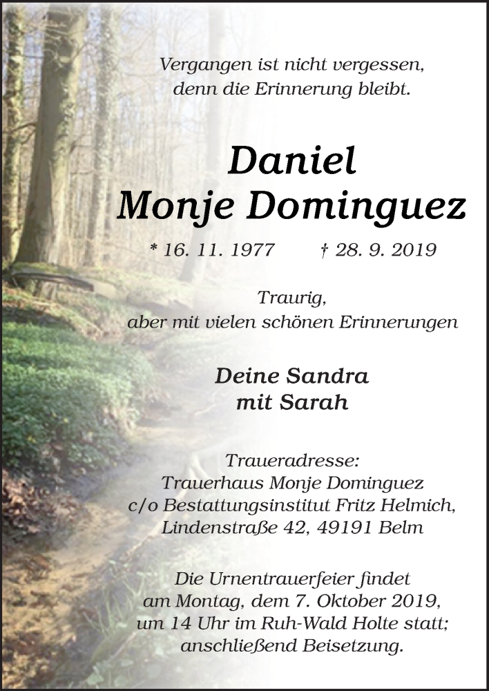  Traueranzeige für Daniel Monje Dominguez vom 04.10.2019 aus Neue Osnabrücker Zeitung GmbH & Co. KG