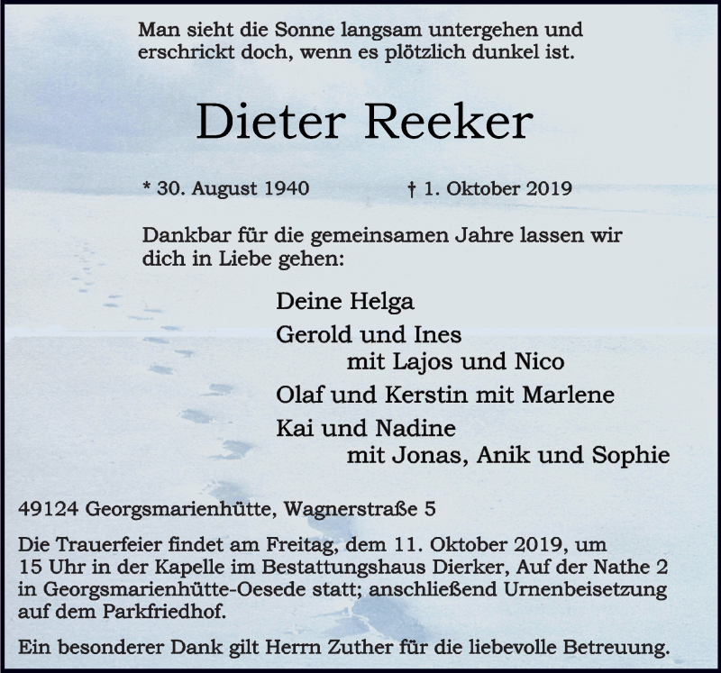  Traueranzeige für Dieter Reeker vom 05.10.2019 aus Neue Osnabrücker Zeitung GmbH & Co. KG