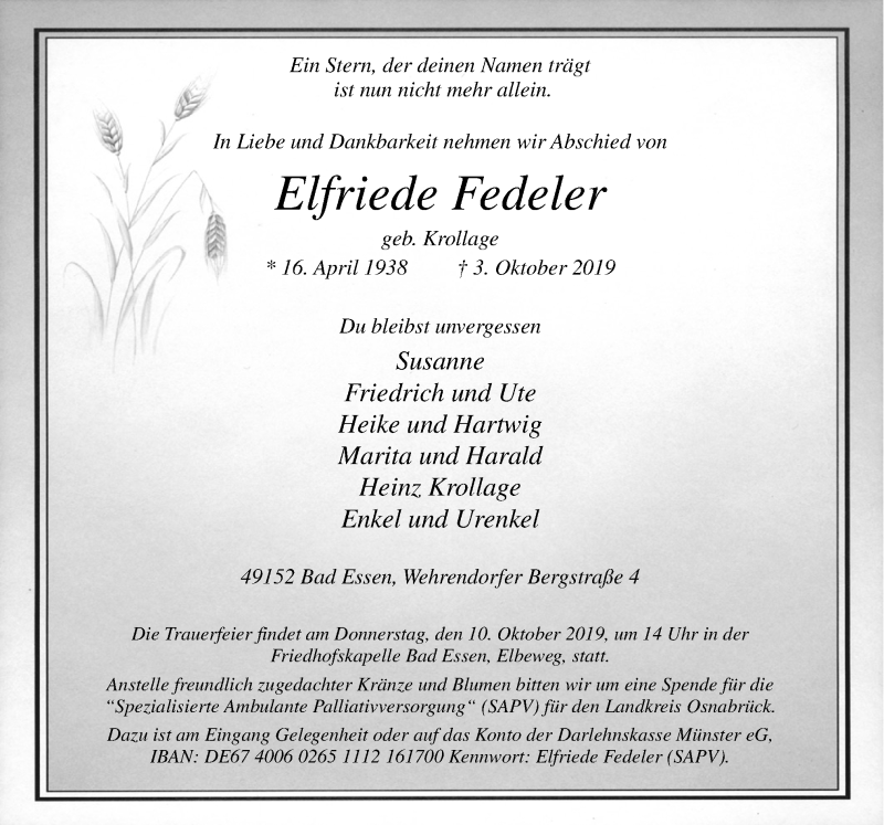 Traueranzeige für Elfriede Fedeler vom 07.10.2019 aus Neue Osnabrücker Zeitung GmbH & Co. KG