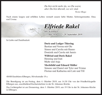 Traueranzeige von Elfriede Rakel von Neue Osnabrücker Zeitung GmbH & Co. KG