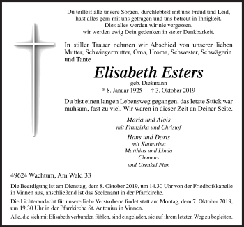Traueranzeige von Elisabeth Esters von Neue Osnabrücker Zeitung GmbH & Co. KG