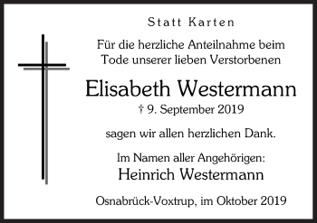 Traueranzeige von Elisabeth Westermann von Neue Osnabrücker Zeitung GmbH & Co. KG