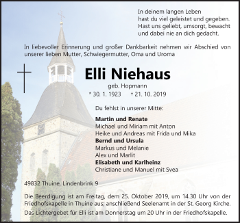 Traueranzeige von Elli Niehaus von Neue Osnabrücker Zeitung GmbH & Co. KG