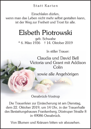 Traueranzeige von Elsbeth Piotrowski von Neue Osnabrücker Zeitung GmbH & Co. KG
