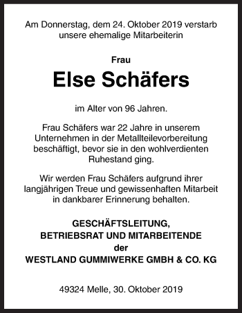 Traueranzeige von Else Schäfers von Neue Osnabrücker Zeitung GmbH & Co. KG