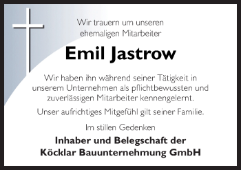 Traueranzeige von Emil Jastrow von Neue Osnabrücker Zeitung GmbH & Co. KG