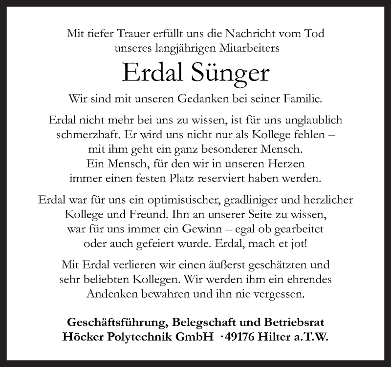  Traueranzeige für Erdal Sünger vom 16.10.2019 aus Neue Osnabrücker Zeitung GmbH & Co. KG