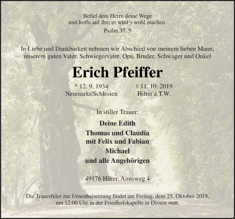  Traueranzeige für Erich Pfeiffer vom 19.10.2019 aus Neue Osnabrücker Zeitung GmbH & Co. KG