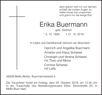 Traueranzeige von Erika Buermann von Neue Osnabrücker Zeitung GmbH & Co. KG