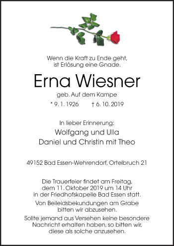 Traueranzeige von Erna Wiesner von Neue Osnabrücker Zeitung GmbH & Co. KG