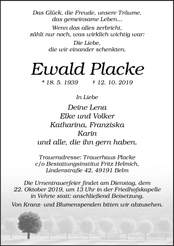 Traueranzeige von Ewald Placke von Neue Osnabrücker Zeitung GmbH & Co. KG