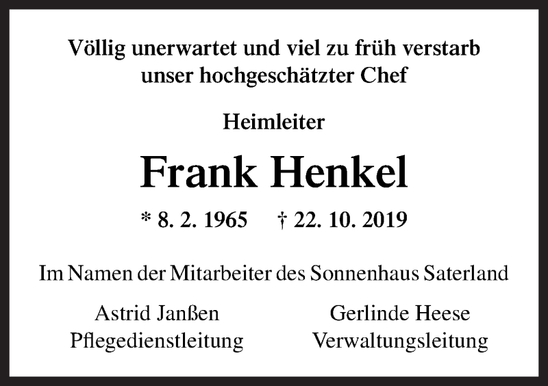  Traueranzeige für Frank Henkel vom 26.10.2019 aus Neue Osnabrücker Zeitung GmbH & Co. KG