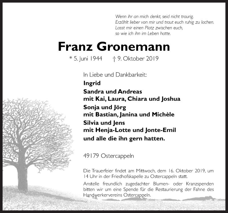  Traueranzeige für Franz Gronemann vom 12.10.2019 aus Neue Osnabrücker Zeitung GmbH & Co. KG